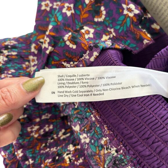 Band of the Free Agathe Purple Boho Floral Print Smocked Long Sleeve Top Medium - Picture 7 of 8